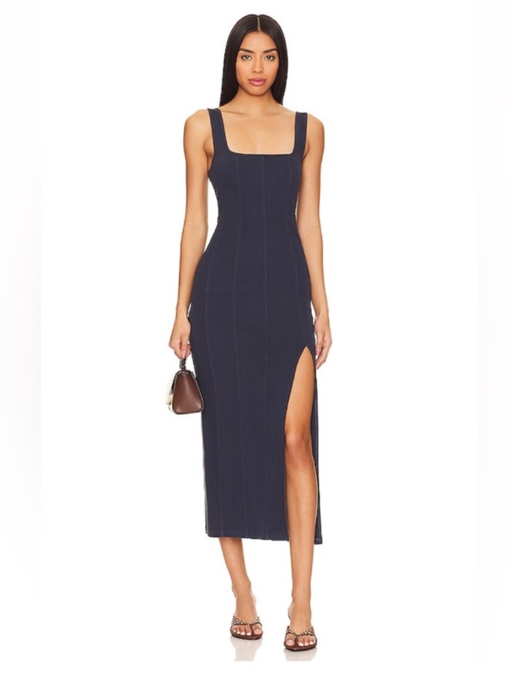 LSPACE Vivienne Ribbed Midi Dress Slate Blue M NWOT Scoop Neck Slit
